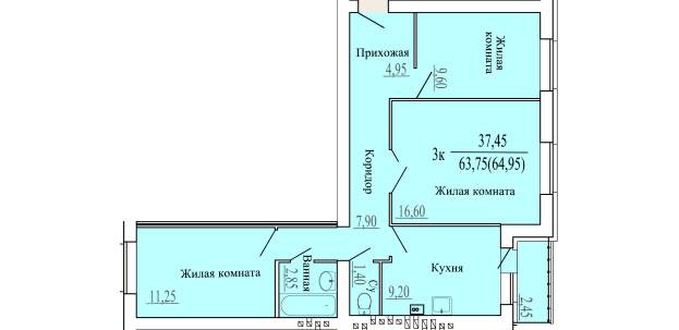 Планировка трехкомнатной квартиры литер 15.3 63.75